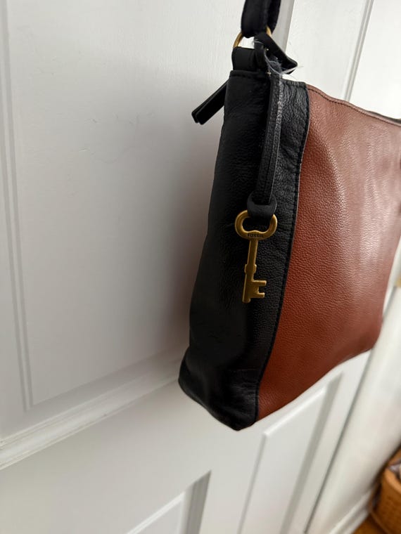 Fossil two tone color block black brown leather c… - image 3