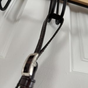 May include: Close-up of a dark brown leather strap with a silver buckle. The strap is attached to a black metal hook, likely for hanging. The background is a white door.