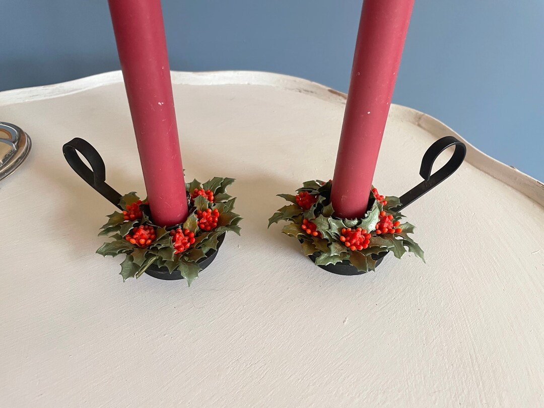 Vintage Black Metal Candle Stick Holders With Holly Berries Etsy