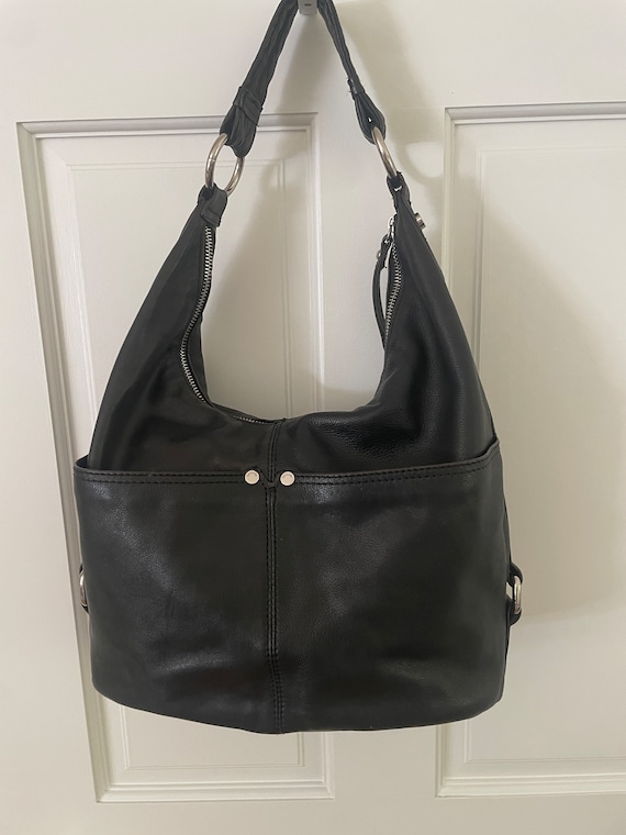 Tignanello Black Polished Pocket Leather Hobo Bag