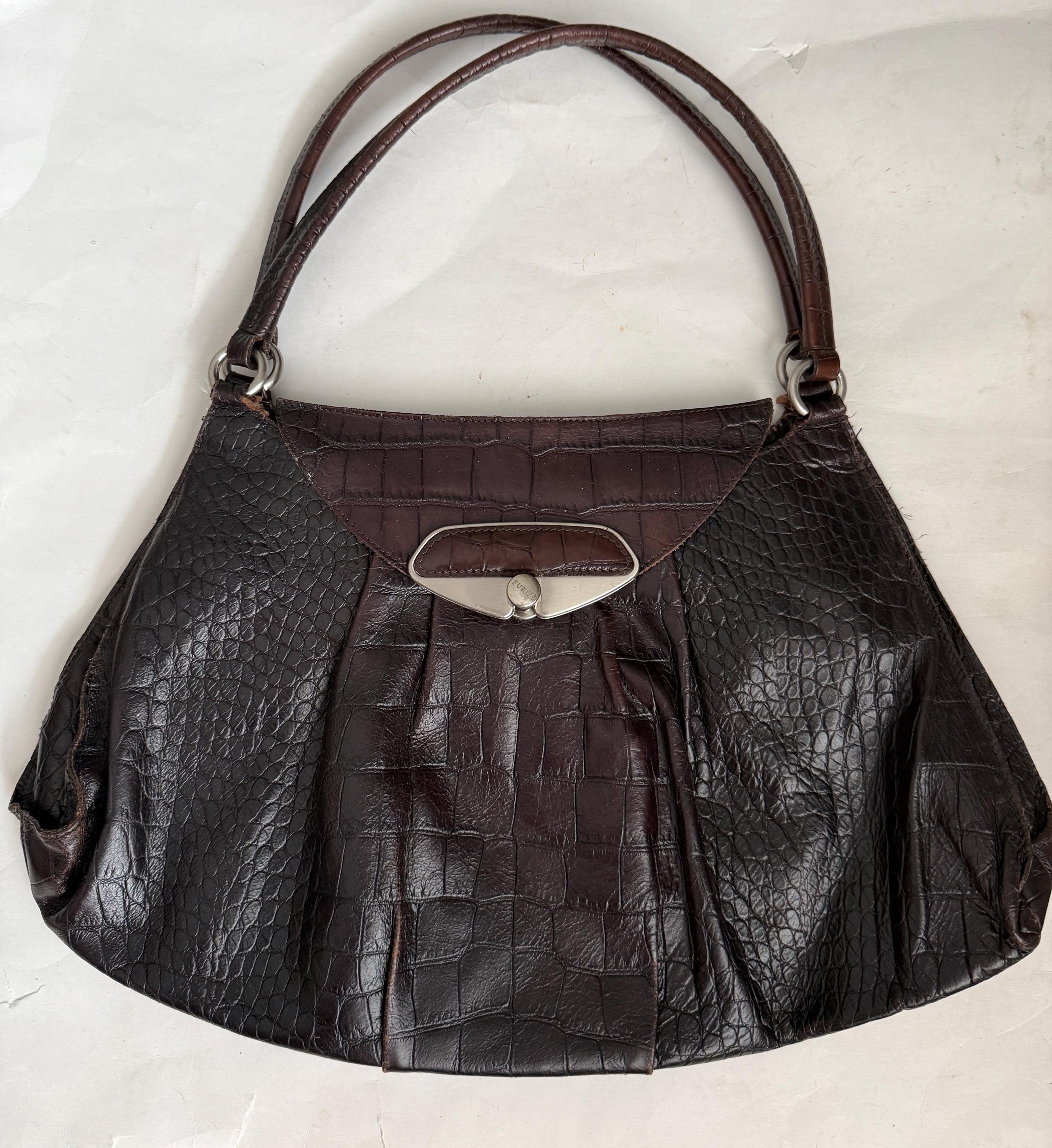 Y2K Vintage Furla Italian Leather Croc Embossed Shoulder Bag Camel 