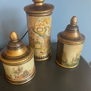 Vintage Old World Map Cartography Tall Ship Pottery Canister Set Italy