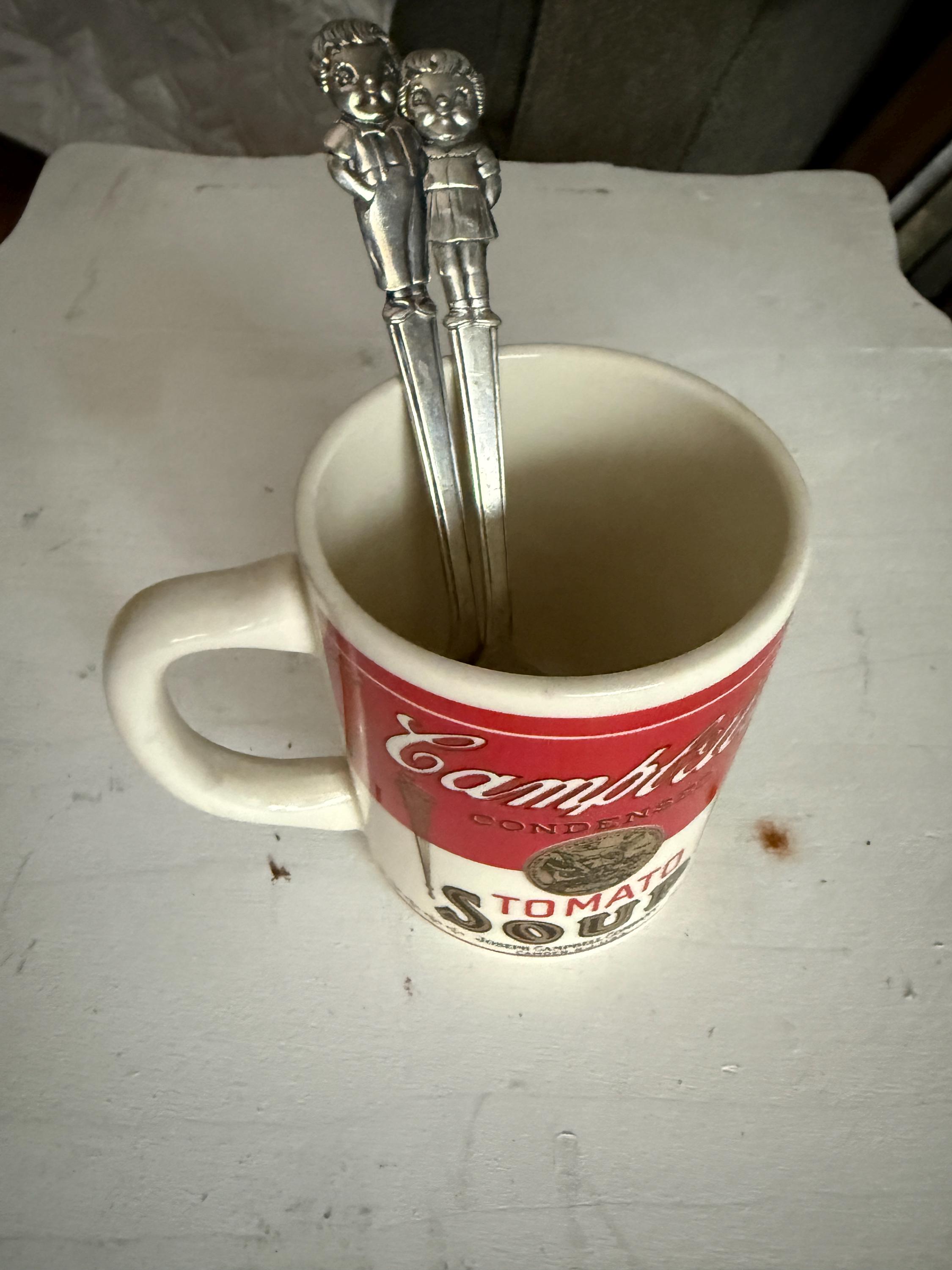 Vintage Campbell's Soup ceramic mug and silver Campbell kid spoon