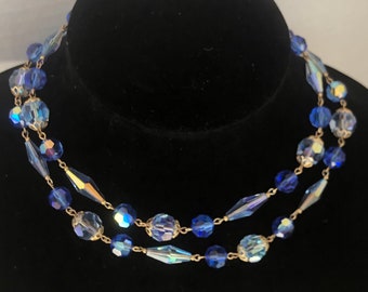 Blue Aurora Borealis Two Strand Necklace