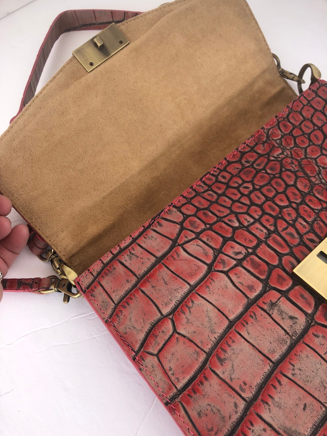 Preston & York Pink Croc Embossed Leather Flap Handbag Etsy