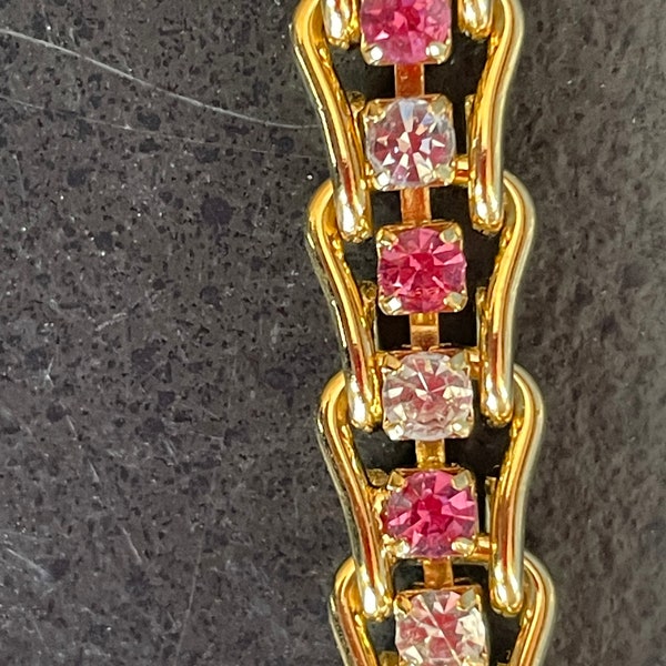 Vintage Pink Clear Stone Gold Tone Caged Tennis Bracelet