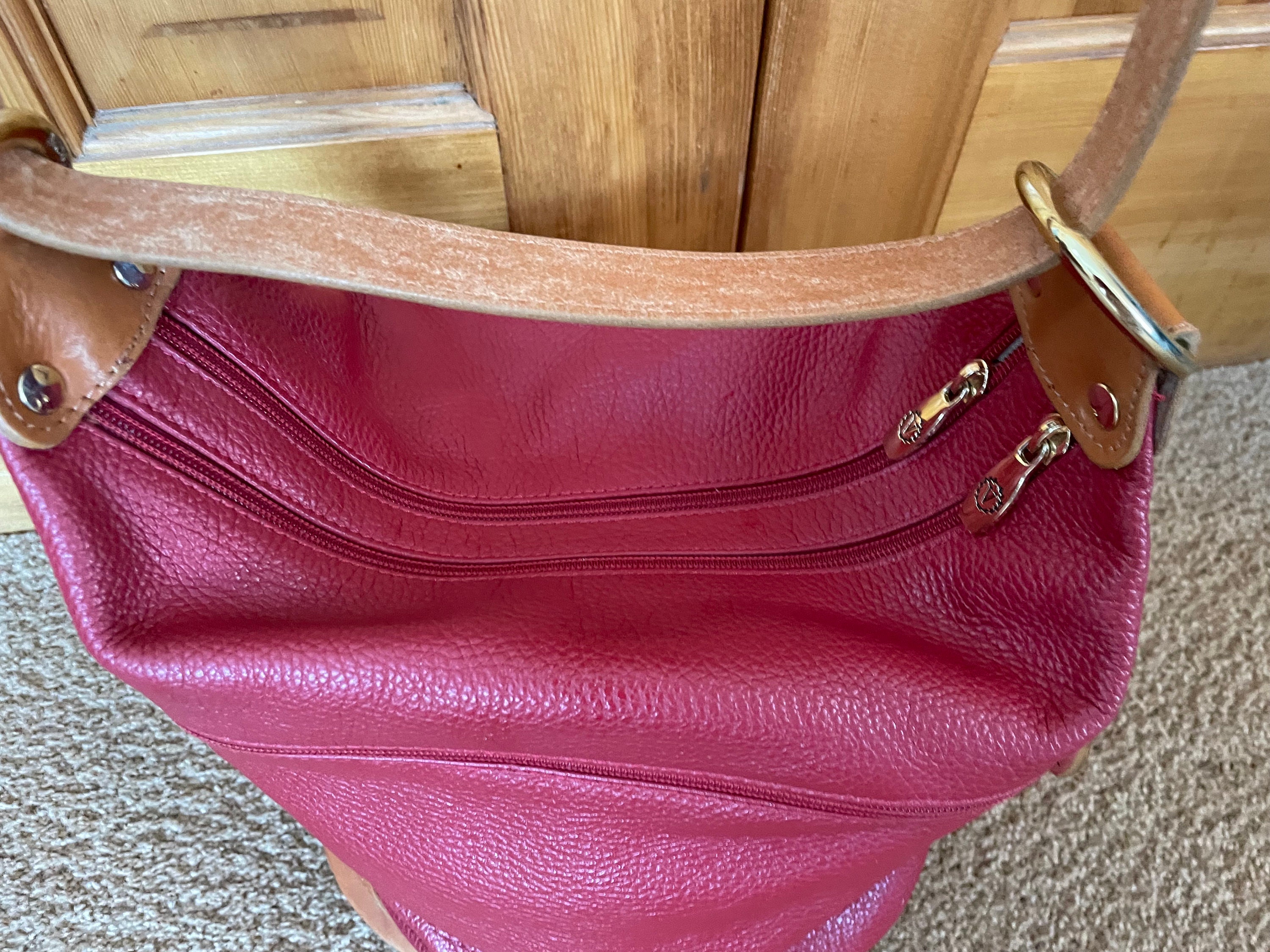 Valentina Two Tone Red British Tan Bucket Crossbody Bag - Etsy display picture 1