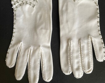 Vintage Elvette White Formal Gloves with beads and rhinestones