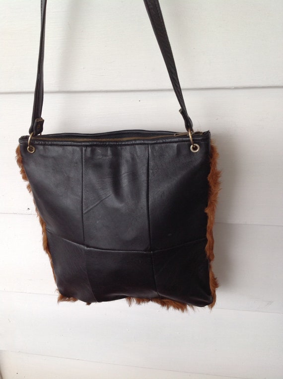 Vintage Brown Curly Fur Leather Shoulder Handbag - image 3