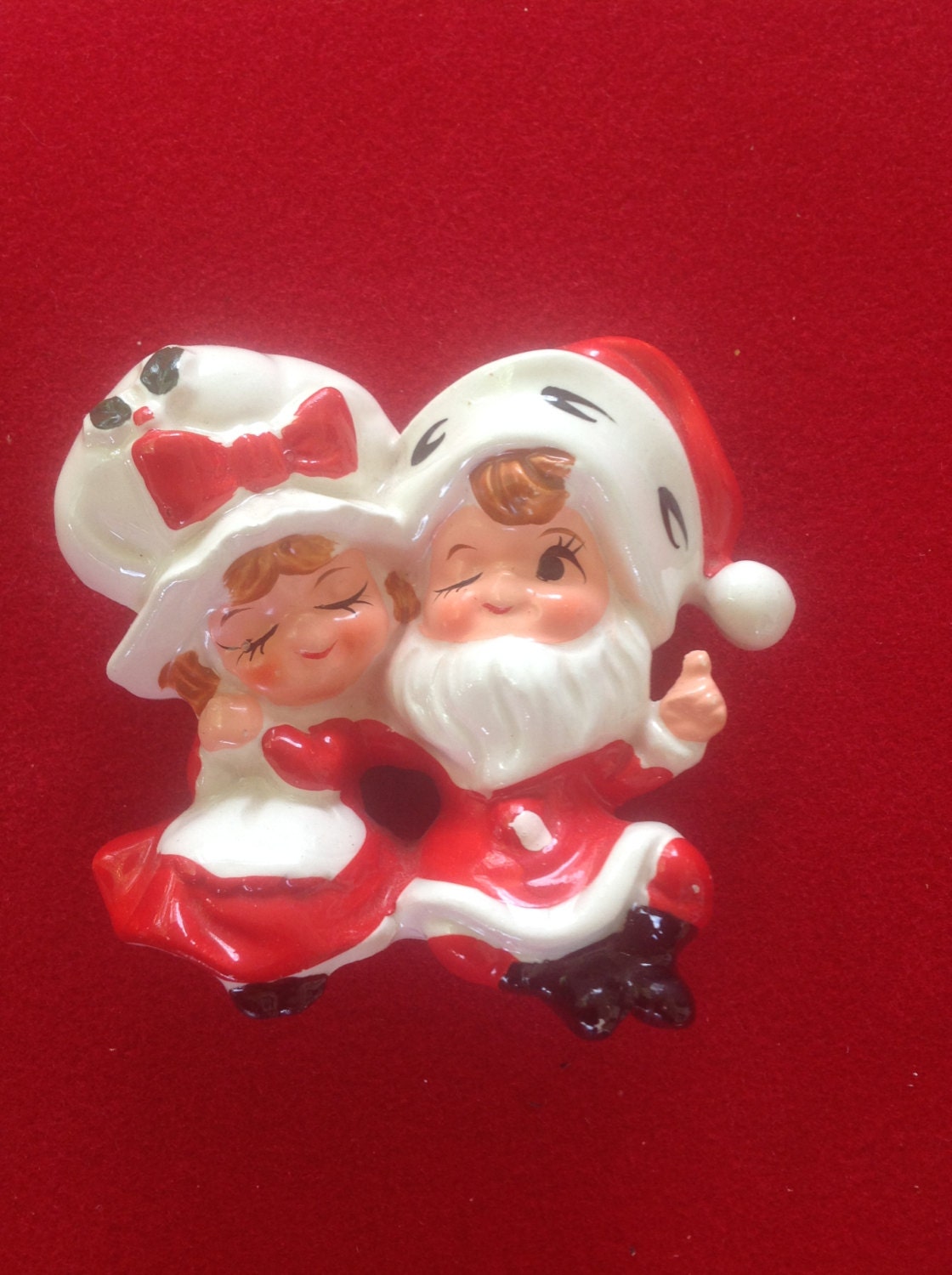 Vintage Ceramic Santa Clause And Mrs Clause Bag Container