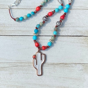 Southwestern Cactus Necklace\ Boho Beaded Necklace \ Stone Statement Necklace \ Southwest Style Necklace / stone & leather pendant necklace