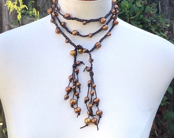 Boho Style Lariat \\ Leather Pearl Lariat \\ Knotted Leather Necklace\\ Pearl Jewelry \\ Leather Bead Lariat \\ Gypsy Jewelry \\ Pearl Lariat