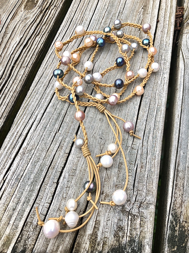Boho Style Lariat \\ Leather Pearl Lariat \\ Knotted Leather Necklace\\ Pearl Jewelry \\ Leather Bead Lariat \\ Gypsy Jewelry \\ Pearl Lariat
