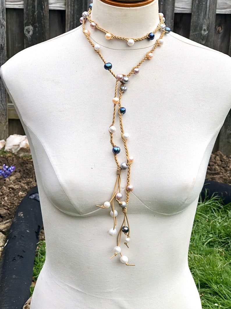 Boho Style Lariat \\ Leather Pearl Lariat \\ Knotted Leather Necklace\\ Pearl Jewelry \\ Leather Bead Lariat \\ Gypsy Jewelry \\ Pearl Lariat
