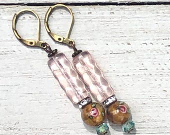 Shabby Chic Dangle Earrings/ Bridesmaid Jewelry / Flower Earrings / Vintage Bead Earrings / Romantic Earrings / Boho Chic
