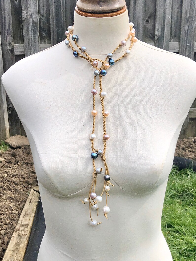 Boho Style Lariat \\ Leather Pearl Lariat \\ Knotted Leather Necklace\\ Pearl Jewelry \\ Leather Bead Lariat \\ Gypsy Jewelry \\ Pearl Lariat