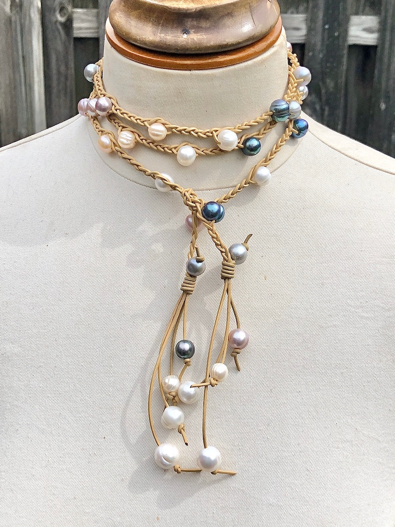 Boho Style Lariat \\ Leather Pearl Lariat \\ Knotted Leather Necklace\\ Pearl Jewelry \\ Leather Bead Lariat \\ Gypsy Jewelry \\ Pearl Lariat