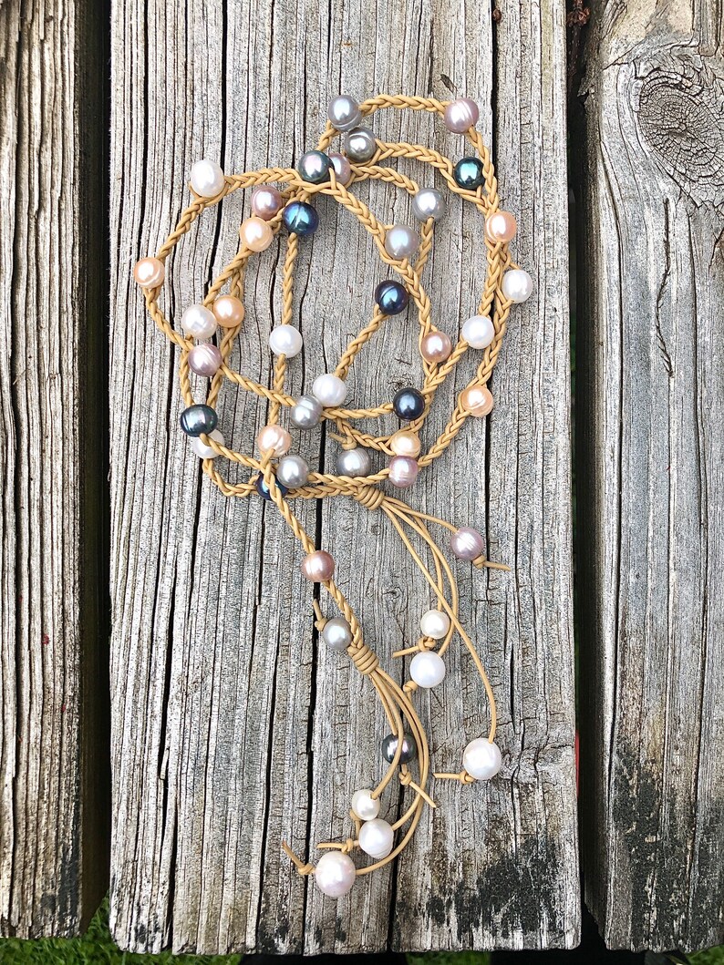 Boho Style Lariat \\ Leather Pearl Lariat \\ Knotted Leather Necklace\\ Pearl Jewelry \\ Leather Bead Lariat \\ Gypsy Jewelry \\ Pearl Lariat