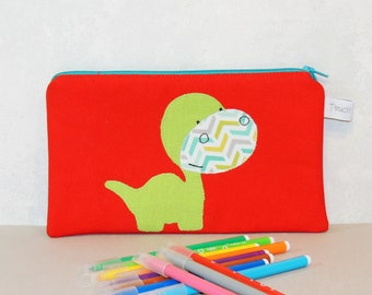 Trousse plate zippée, dinosaure, coton rouge, trousse école