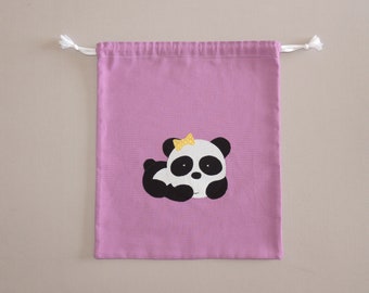 Sac de rangement panda, coton mauve, liens coulissants