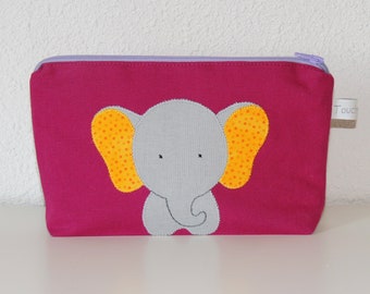 Trousse zippée, éléphant, coton rose foncé, intérieur imperméable, trousse école