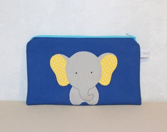 Trousse plate zippée, éléphant, coton bleu, trousse école