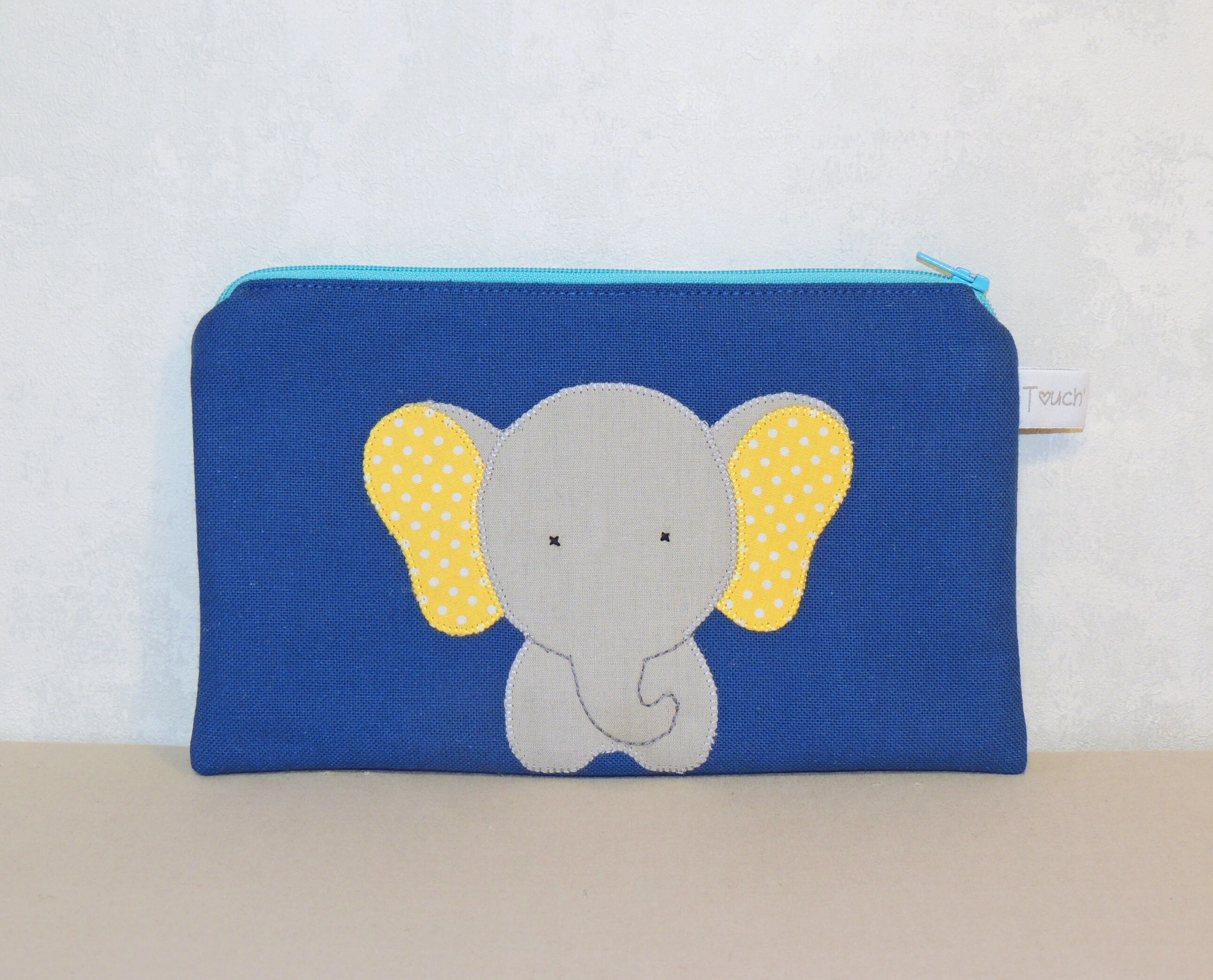 Trousse Plate Zippée, Éléphant, Coton Bleu, Trousse École