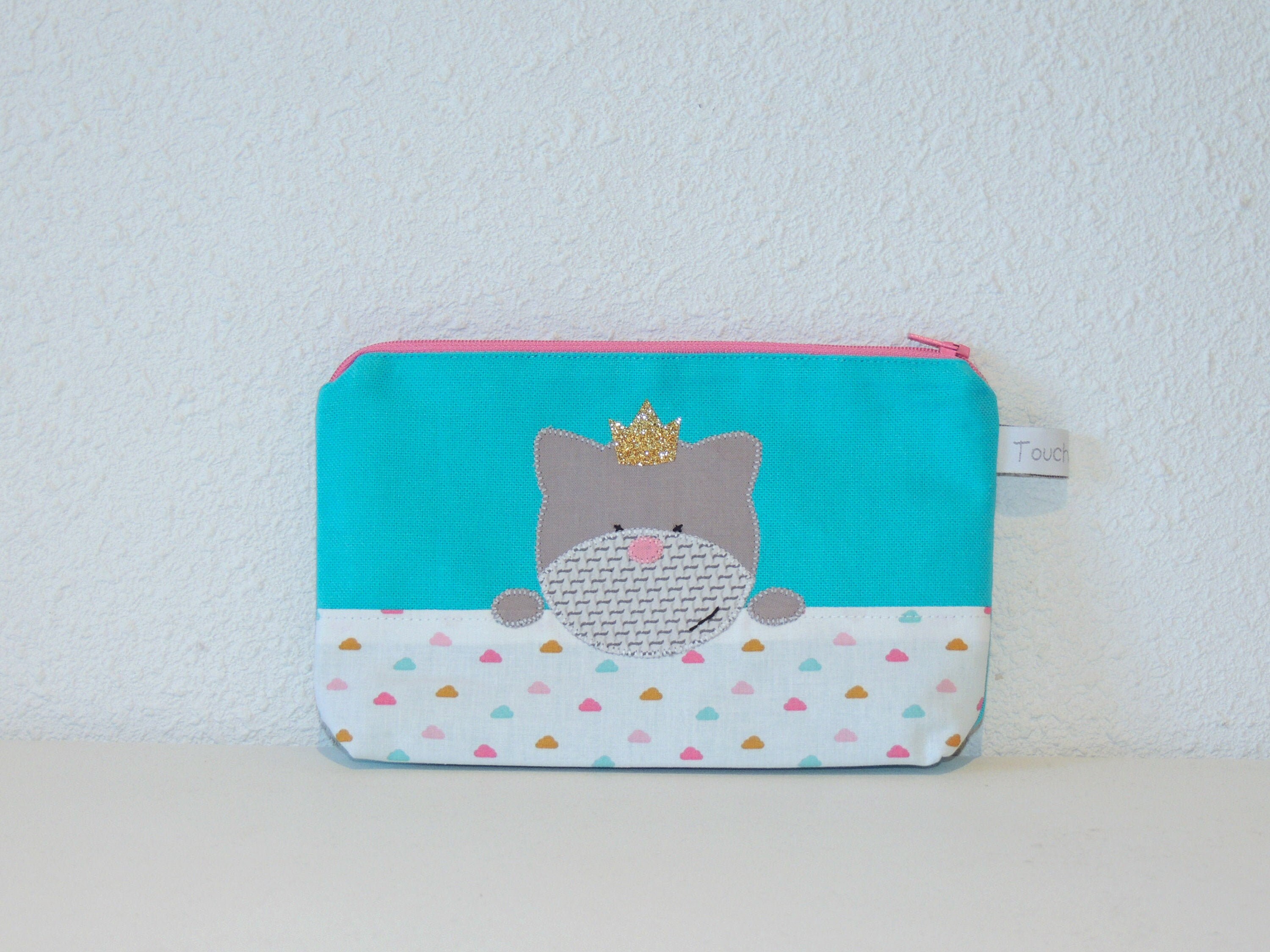 Trousse Zippée, Chat Princesse, Coton Turquoise, Intérieur Imperméable, Trousse École