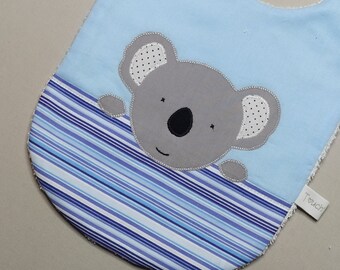 Bavoir bébé, koala, 6/24 mois, coton bleu, éponge