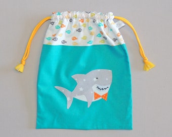 Sac à maillot de bain, requin, liens coulissants, coton vert lagon, imperméable