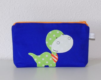 Trousse zippée, dinosaure, coton bleu roi, intérieur imperméable, trousse école