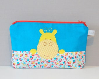 Trousse zippée, girafe, coton turquoise, intérieur imperméable, trousse école