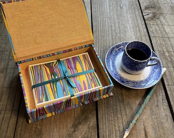Fun, colorful, handmarbled, handmade notecard box