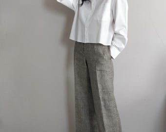Prince of Wales beige gray hemp trousers, wide-legs trousers, Made in Italy
