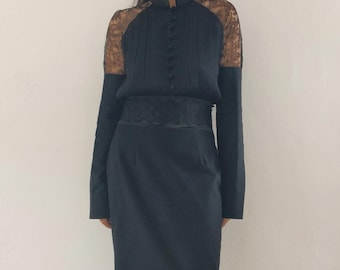 LA PERLA black silk and lace cut-out dress, cashmere long dress, Made in Italy