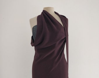 JEAN PAUL GAULTIER fw 1996 bordeaux asymmetric maxi dress with faux leather black corset, gold ball, rare, Made in Italy