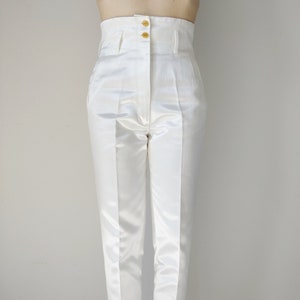 VIVIENNE WESTWOOD 1990s white satin cotton tapered trousers, high waist with Orbit logo buttons image 2