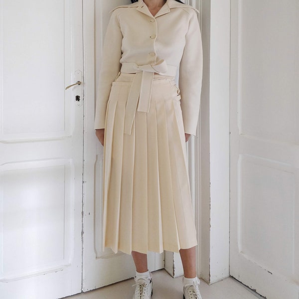 COMME DES GARCONS FW1989 ivory wool draped pleated spiral skirt.