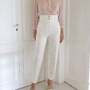 VIVIENNE WESTWOOD 1990s white satin cotton tapered trousers, high waist with Orbit logo buttons image 1