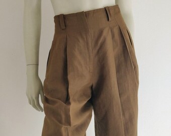 Gilmar 80s silk and linen olive pleated shorts, safari bermuda, Made in Italy