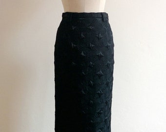 Franco Veneziano black satin embroidered pencil skirt, new from 1980s, Made in Italy