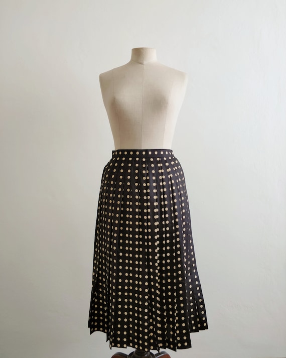 80s black satin polka dots pleated skirt