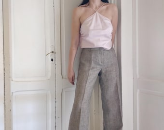 Pantalón de cáñamo beige grisáceo Príncipe de Gales, pantalón ancho, fabricado en Italia.