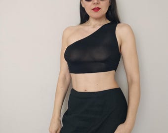 JEAN PAUL GAULTIER black jersey asymmetric crop top, Made in Italy