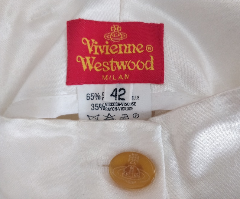 VIVIENNE WESTWOOD 1990s white satin cotton tapered trousers, high waist with Orbit logo buttons image 7