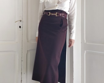 JEAN PAUL GAULTIER 1990s pure wool bordeaux midi skirt doubled with panel on back, Made in Italy