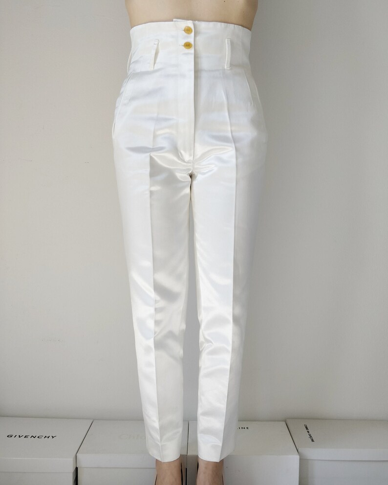 VIVIENNE WESTWOOD 1990s white satin cotton tapered trousers, high waist with Orbit logo buttons image 2