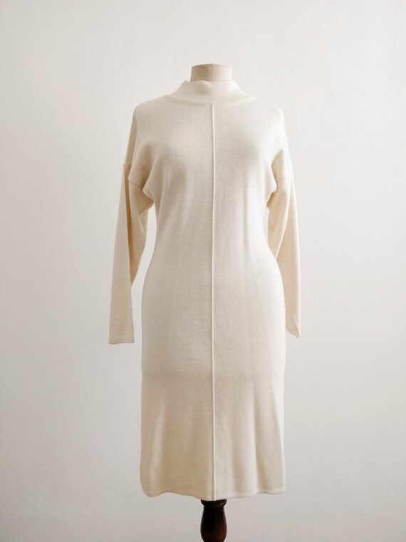 80s turtle neck ivory wool dress