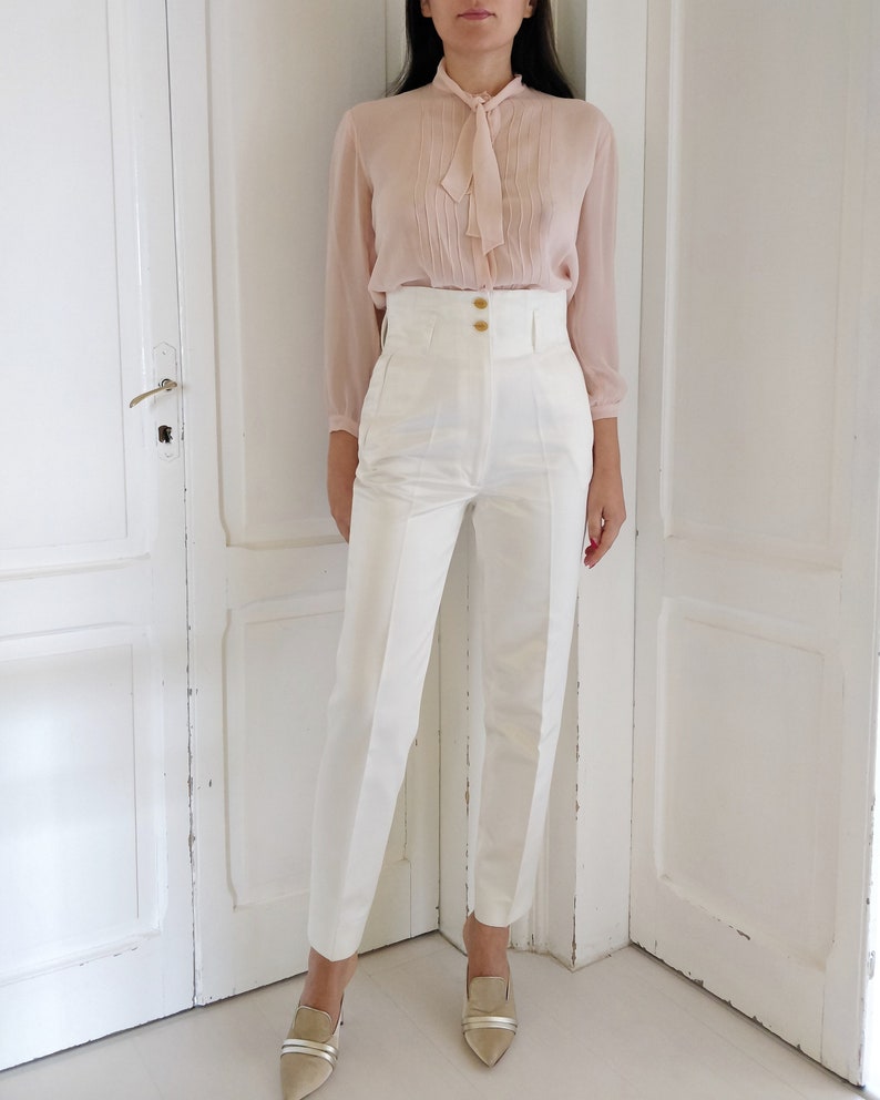 VIVIENNE WESTWOOD 1990s white satin cotton tapered trousers, high waist with Orbit logo buttons image 1