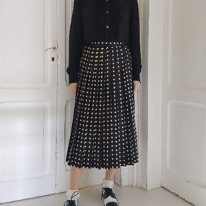 New England 1990s black satin pleated midi skirt with polka dots, Made in Italy image 1